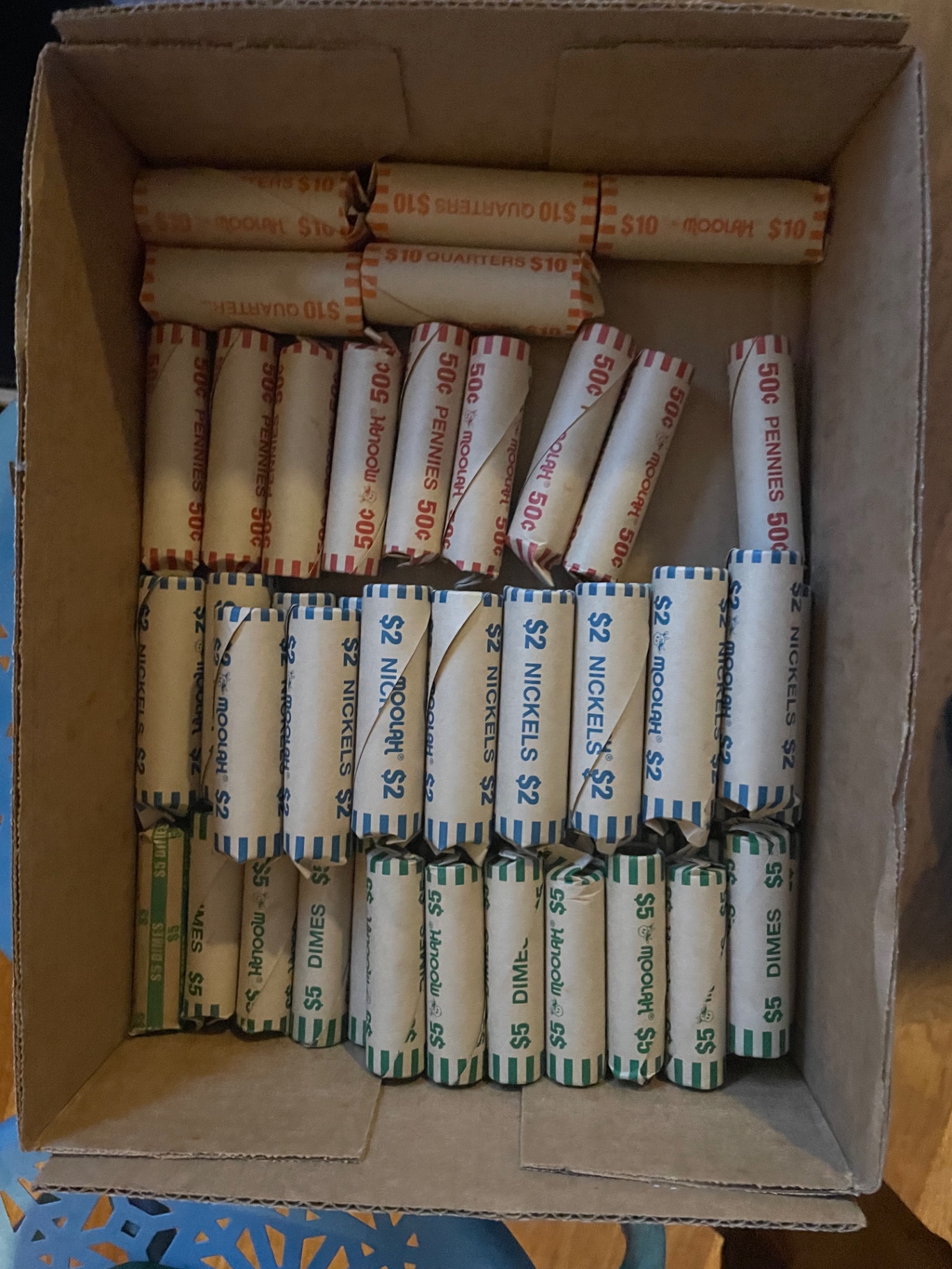 A box full of rolled coins donated at the 2025 event